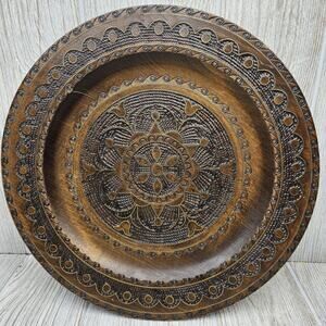 Vintage Polish Carved Wood Plate Jan Polak Handcrafted Wall Art 12" Folk‎ Decor